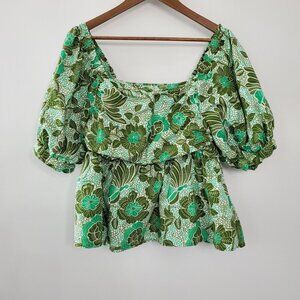 Nikasha Womens Green Floral Smocked Blouse Size M Cottage Core BOHO Pierre